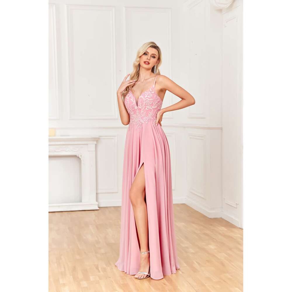 V Neck Chiffon Bridesmaid Lace Appliques Formal Dresses for prom Guests Beaded Split Evening Party Gown prom AMZ