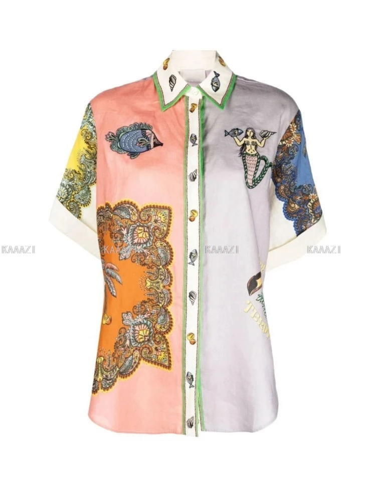 Fashion Polo Casual Loose Print Suits Women Short Sleeve Blouse Shirt Tops Pants Female 2 Piece Sets Outfits Clothes Holiday 240514