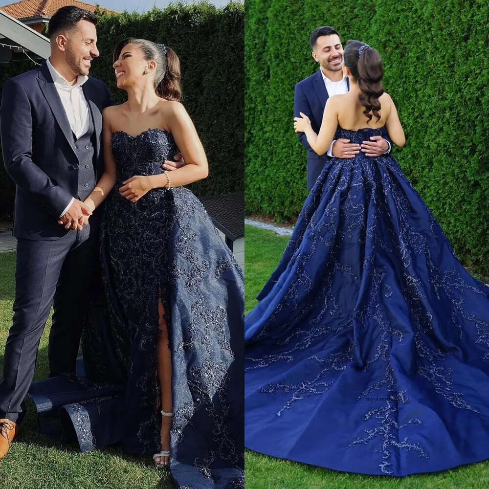 Stunning Navy Blue Dress With Overskirts Sweetheart Beading Lace Wedding Dresses Bridal Gowns Front Slit Sweep Train Designer Country Robe Mariage 051