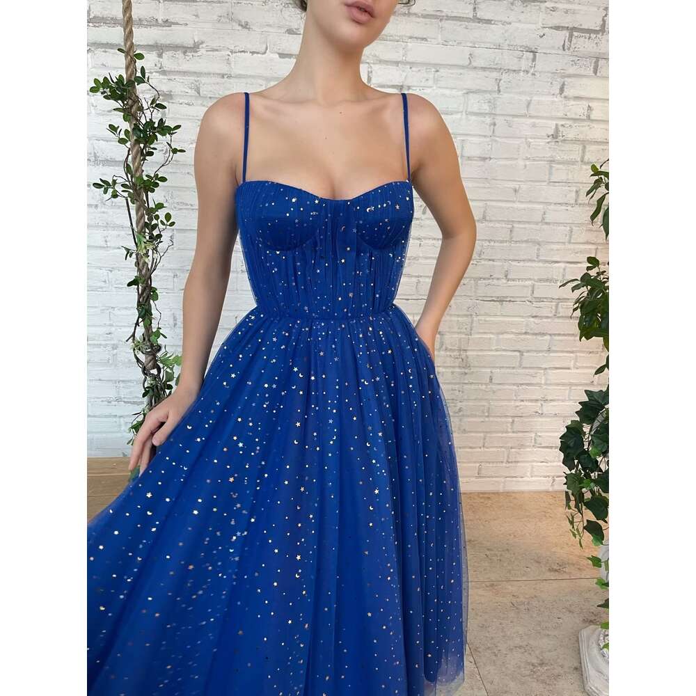 Spaghetti Straps Starry Tulle Prom Dresses Sparkly Tea Length Formal Evening Party Dress Sweetheart Ball Gown for Teens prom AMZ