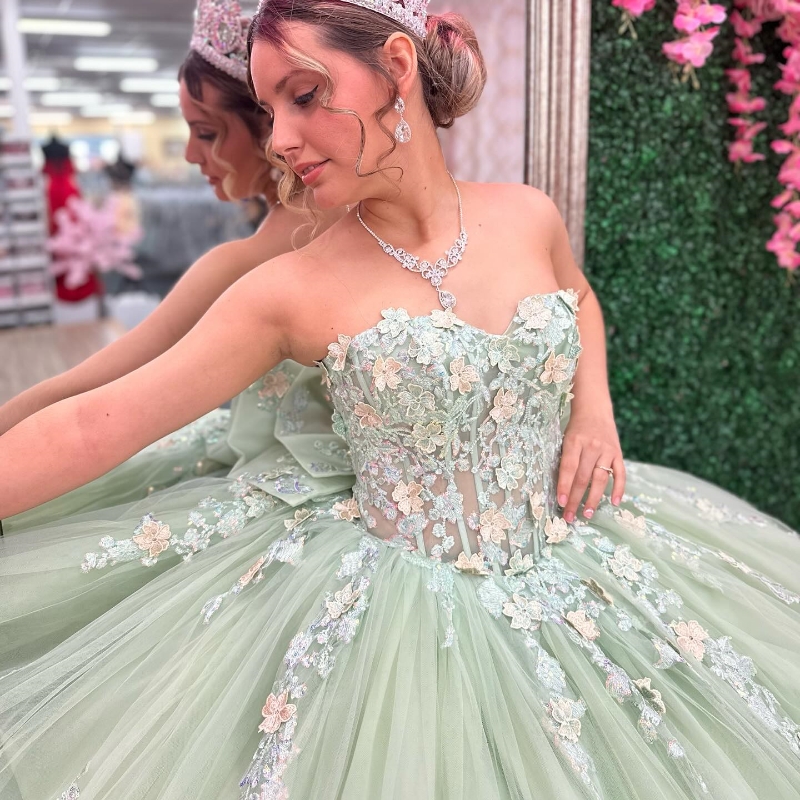 Mint Green Shiny Princess Ball Gown Quinceanera Off The Shoulder Applique Lace Tull Sequin Sweet 16 Dress Vestido 15 De