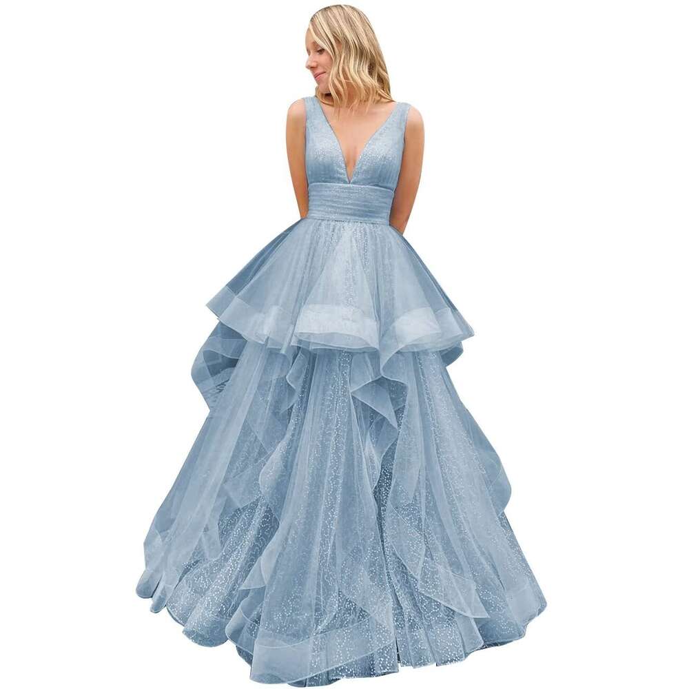 V Neck Layered Ruffles Prom Dress Tulle Ball Gown for Women Princess Quinceanera Dresses 2023 prom AMZ