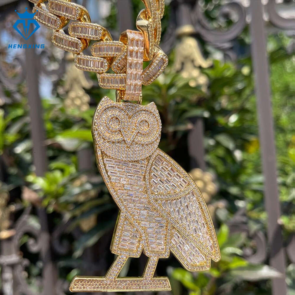 Hip Hop Jewelry Sier Rose Gold Plated Baguette Cut VVS Moissanite Animal Owl Pendants Charms Necklace Men And Women