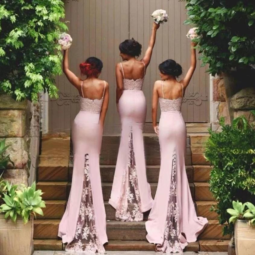 Custom Pink Lace Mermaid Bridesmaid Dresses Long Spaghetti Strap Sweetheart Neck Sweep Train Vestidos Wedding Party Dress