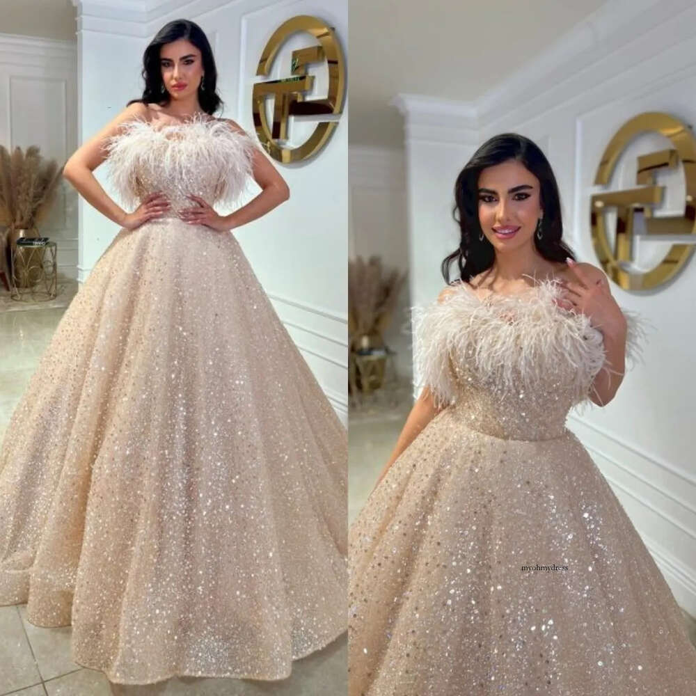 Elegant Glitter Evening A Line Crystal Sequins Feathers Sweetheart Formal Party Prom Dress Ruffle Dresses For Special Ocn 0515