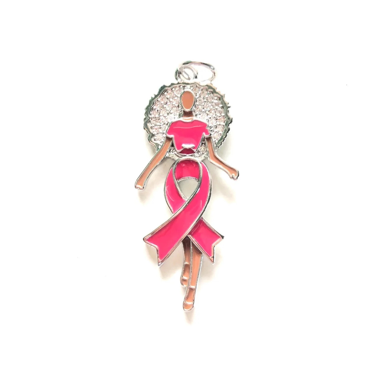 5pcs Enamal Pink Ribbon Afro Black Girl Charms Zirconia Pave Breast Cancer Awareness Pendants for Women Bracelet Necklace Making 240514