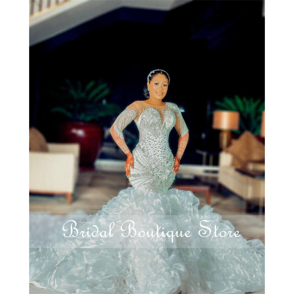 Pearls Mermaid Wedding Dress 2023 With Ruffle Long Sleeves Beading Crystals Sequins Bridal Gown Vestido De Noiva Corset