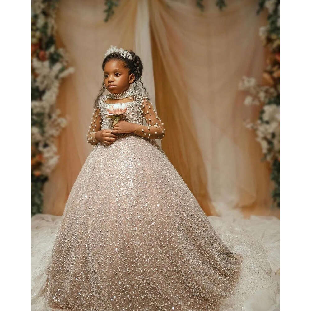 Flower Luxurious 2022 Girl Dresses Sequined Lace Pearls High Neck Long Sleeves Champagne Sequins Ball Gown Tutu Lilttle Kids Birthday Pageant Weddding