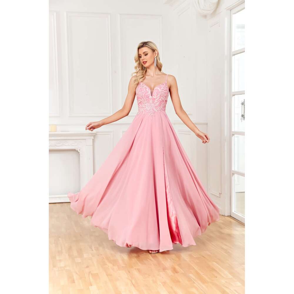 V Neck Chiffon Bridesmaid Lace Appliques Formal Dresses for prom Guests Beaded Split Evening Party Gown prom AMZ