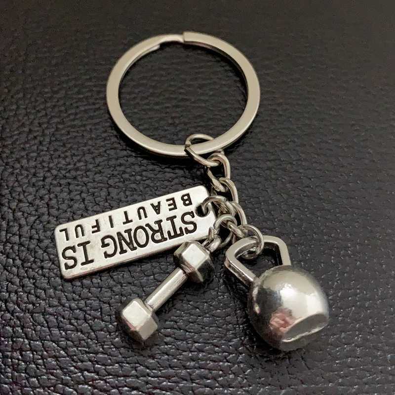 Keychains Lanyards 1pc Strength Sports Barbell Dumbbell Charm Weight Fitness With Words Gym Crossfit Keyring Keychain Gifts For Man Y240510