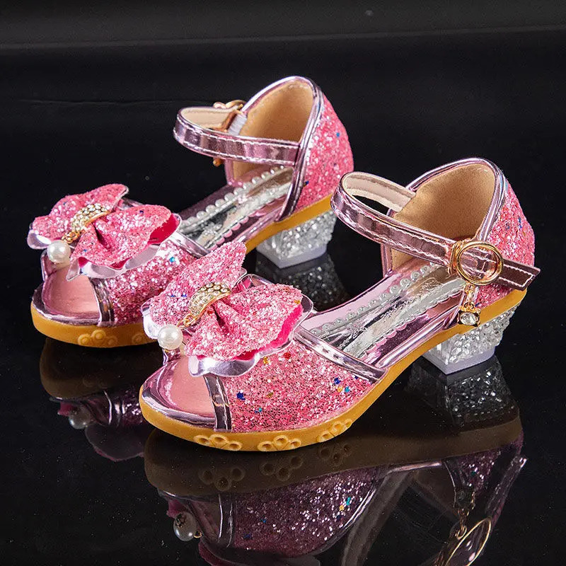 Girls Sandals Summer Childrens Princess Shoes Little Girls High-heeled Bow-knot Crystal Sandals Party Dress Wedding 240515