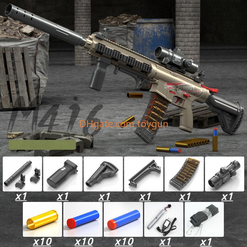DIY M416 Soft Bullets Rifle Toy Gun Detachable Shell Ejected Launcher Automatic Manual Dual Mode Continuous Firing With Scope Outdoor Cs Pubg Game Pro