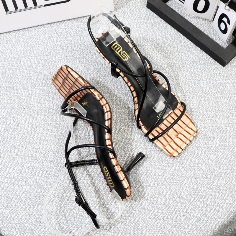 elegant woman heeled sandals summer square toe sexy Plaid high-end womens shoes with thin heels high heels Female shoes 240514