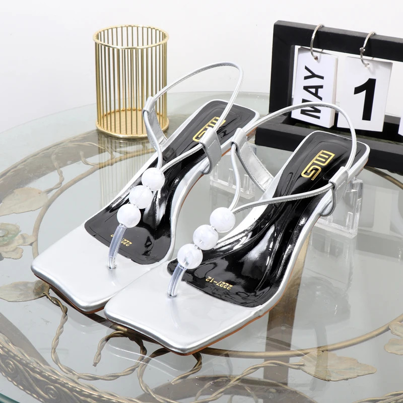 Beaded sandals summer toe clip transparent high-heeled womens shoes Western fashion banquet heeles sandals string of beads 240514