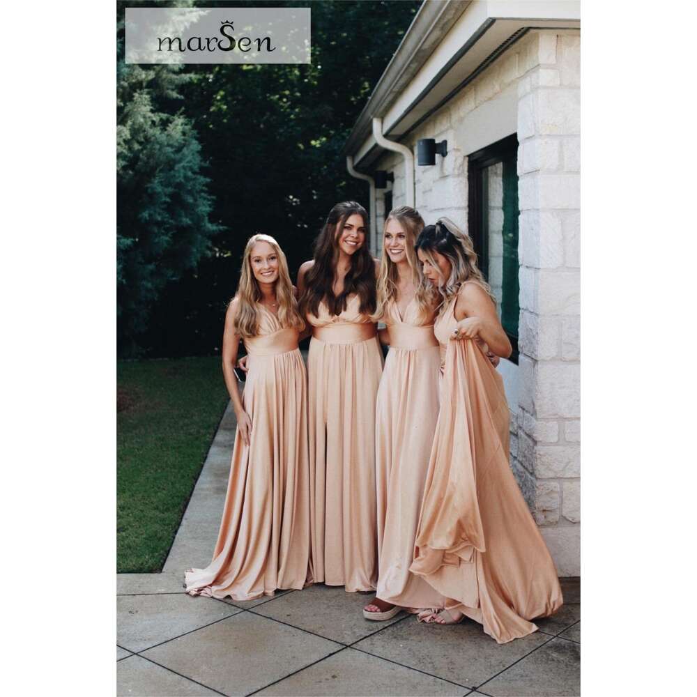 V Neck Satin Bridesmaid prom Split Prom Long A Line Formal Dresses for Women Bury Size 16 prom AMZ