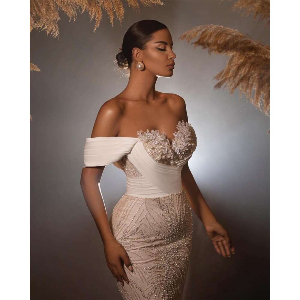 Beige Wedding Dress Pearls Appliqued Bridal Gown Detachable Train Custom Made Off Shoulder Robe Lace Up Back