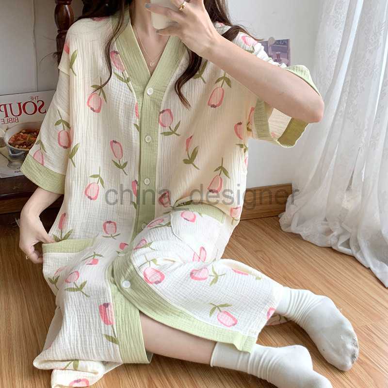 Short sleeved nursing pajamas, summer thin maternity female expectant mothers, pure cotton gauze, postpartum skirts