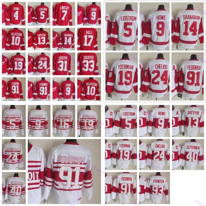 Cheap Retro Hockey Jersey 9 Howe 4 5 Lidstrom 7 Lindsay 10 Delvecchio 13 Datsyuk 24 Chelios 14 Shanahan 19 Yzerman 40 Zetterberg 91 Fedorov 1967-1999 Movie Stitched