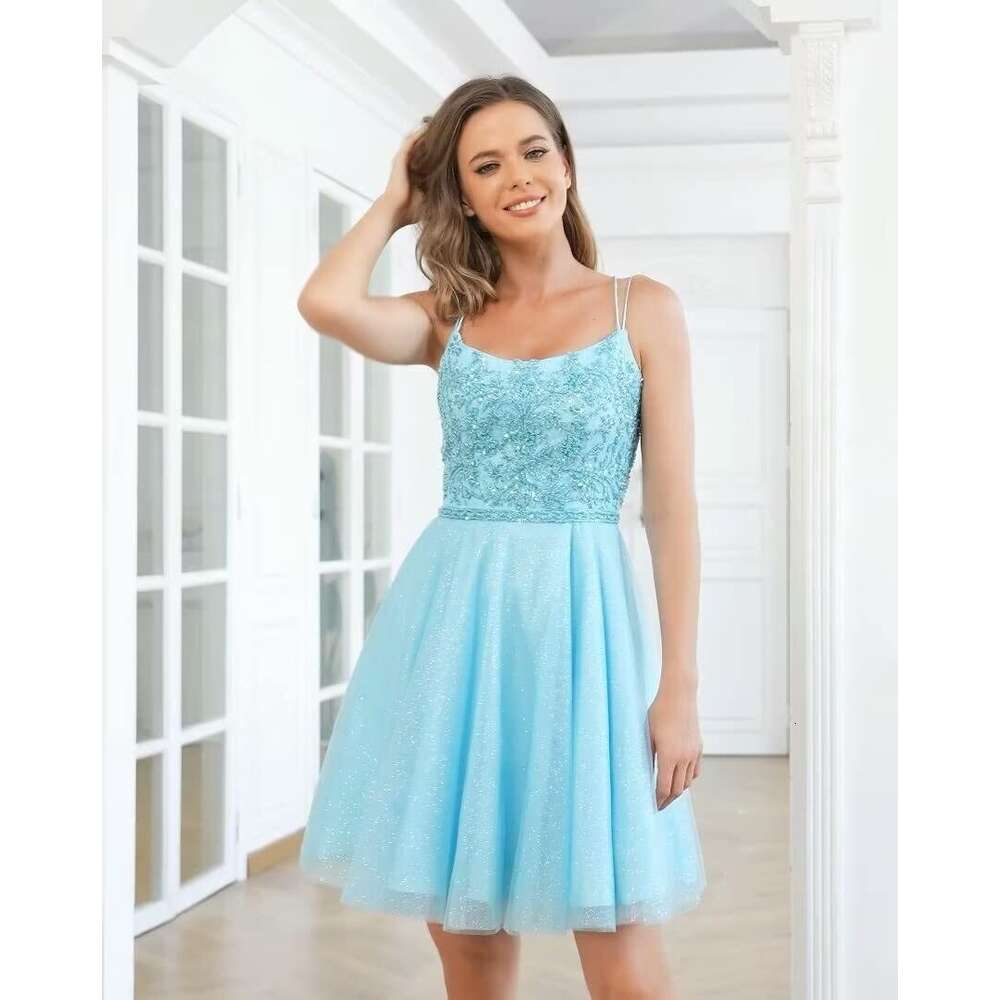 Sparkly Tulle A Line Homecoming Short Prom Dresses for Teens Spaghetti Straps Beads Mini tail Dress prom AMZ
