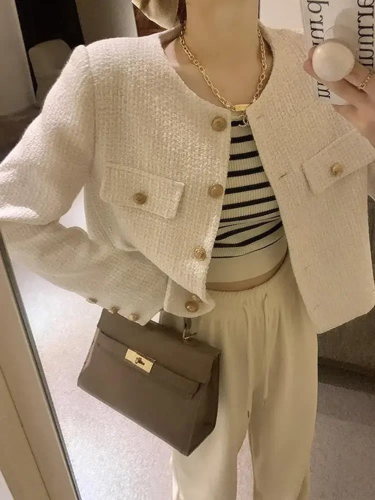 Fashion Small Fragrance Tweed Jacket Coat Women Korean Loose Elegant All Match Coats Autumn O Neck Single Breasted Outerwear 240514