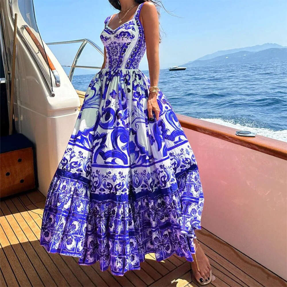 Designer Summer New Womens Bohemian Style Elegant Luxury Mid length Printed Strap Casual Dress