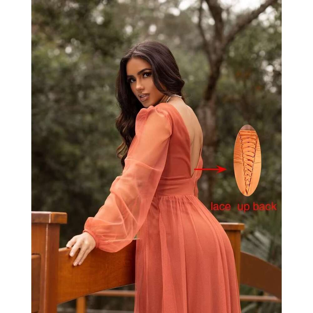 MARSEN Long Sleeve Bridesmaid Dresses for prom V Neck Formal with Slit Chiffon Prom Dress prom AMZ