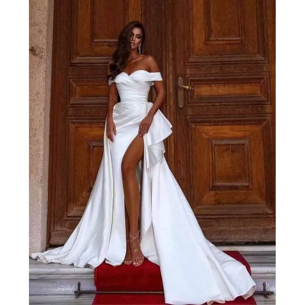 MARSEN Off The Shoulder A Line for Birde Satin prom Ball Gown with Slit Pleated Formal Evening Dresses prom AMZ