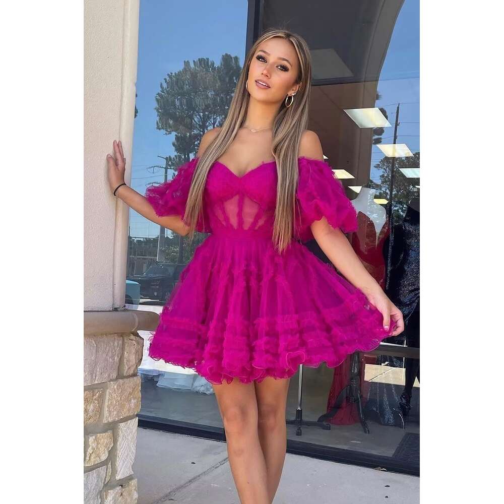 Off Shoulder A Line Homecoming Puffy Sleeve Tulle Short Prom Ruffles Mini Dresses for Party prom AMZ