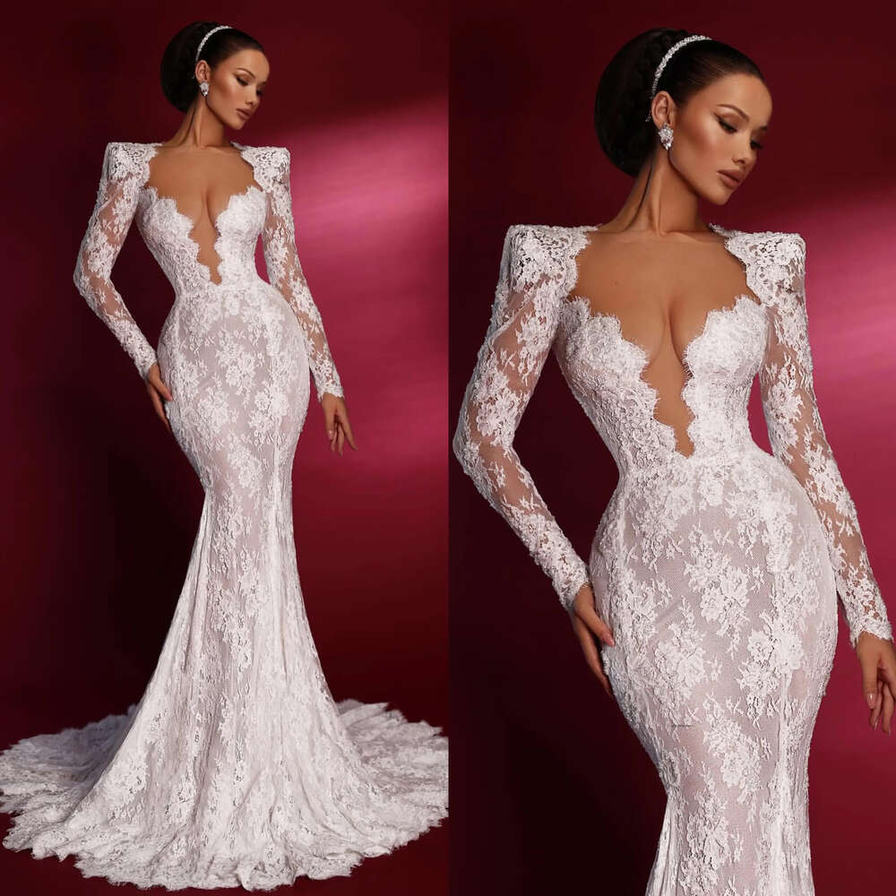 Stunning Chart Mermaid Wedding Dress Sheer V Neck Long Sleeves Lace Wedding Dresses Bridal Gowns Weep Train Designer Bride Dress 0515