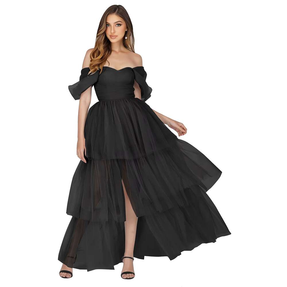 Off The Shoulder Tulle Prom Layered Ruffles Ball Gown for Women Formal Maxi Dresses with Split prom AMZ