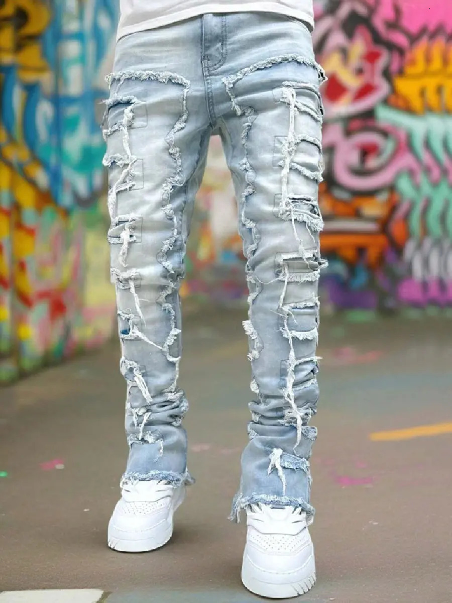 Ripped Jeans Male Retro Trend Street Style Fashion Spliced Slim Versatile Men Casual Straight Denim Pants 240430