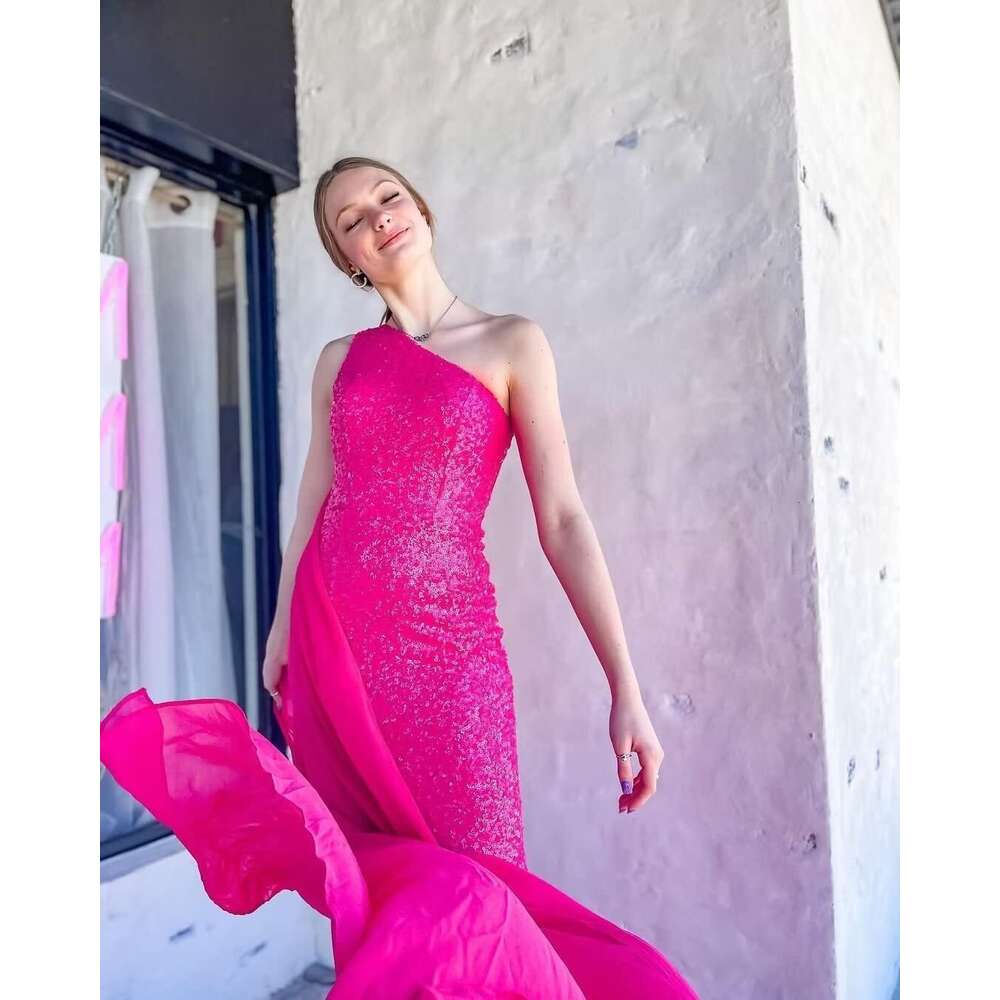 One Shoulder Sequin Prom Dresses with Cape Mermaid Evening Gowns Slit Backless Formal Dress prom AMZ