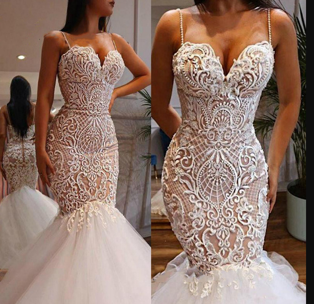 Sexy Spaghetti Lace Mermaid Wedding Dresses Sweetheart Neck Sleeveless Long Bridal Gowns Nude Lining Ivory African Bride Reception Dress Party Event 2