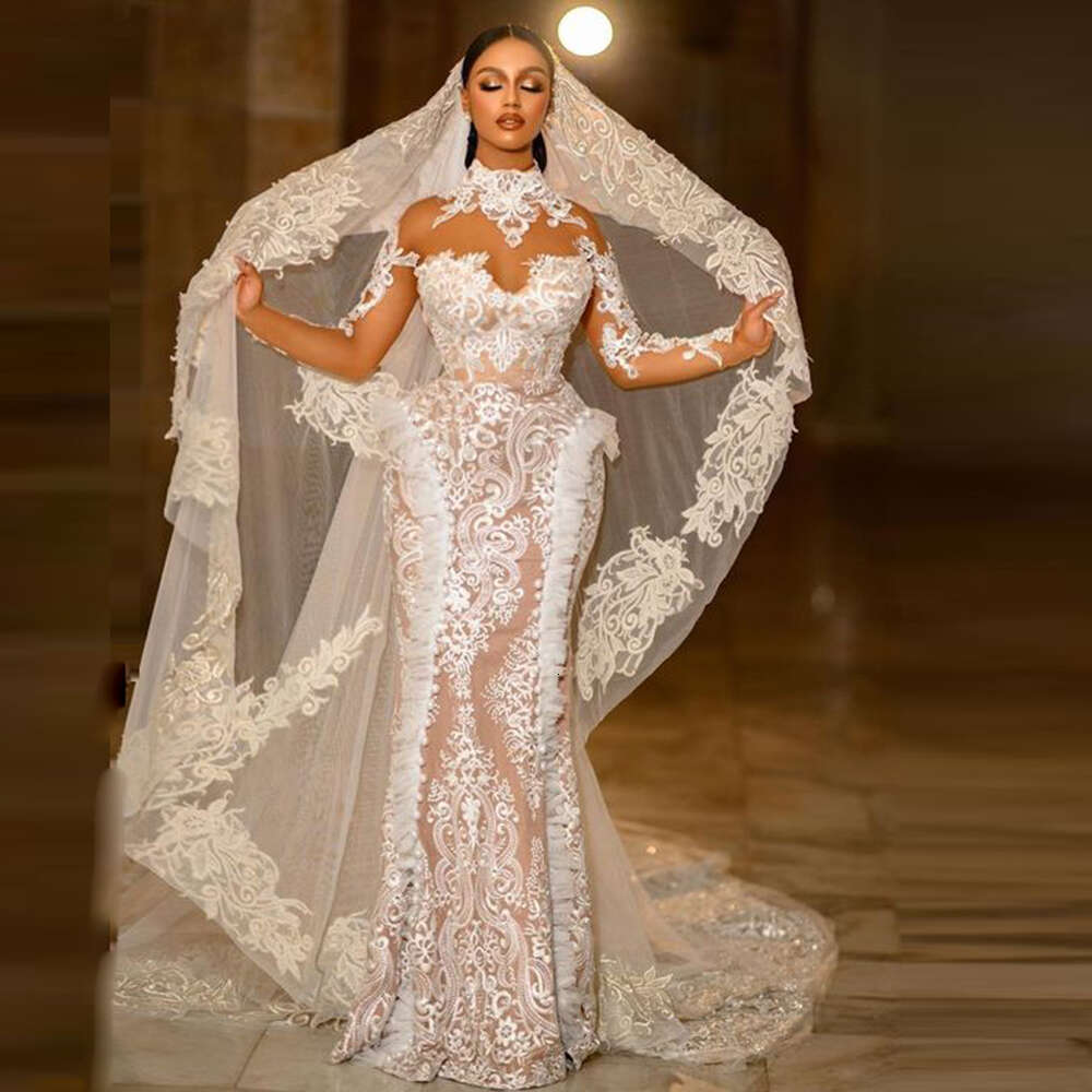 Retro Lace Mermaid Dresses Saudi Arabia High Neck Sheer Long Sleeves Bridal Gowns Sweep Train Wedding Vestidos With Veil