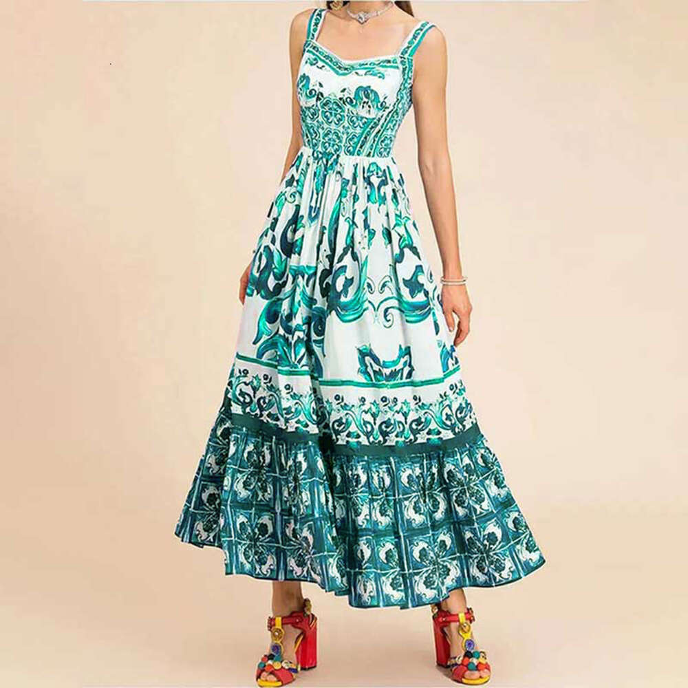 Designer Summer New Womens Bohemian Style Elegant Luxury Mid length Printed Strap Casual Dress