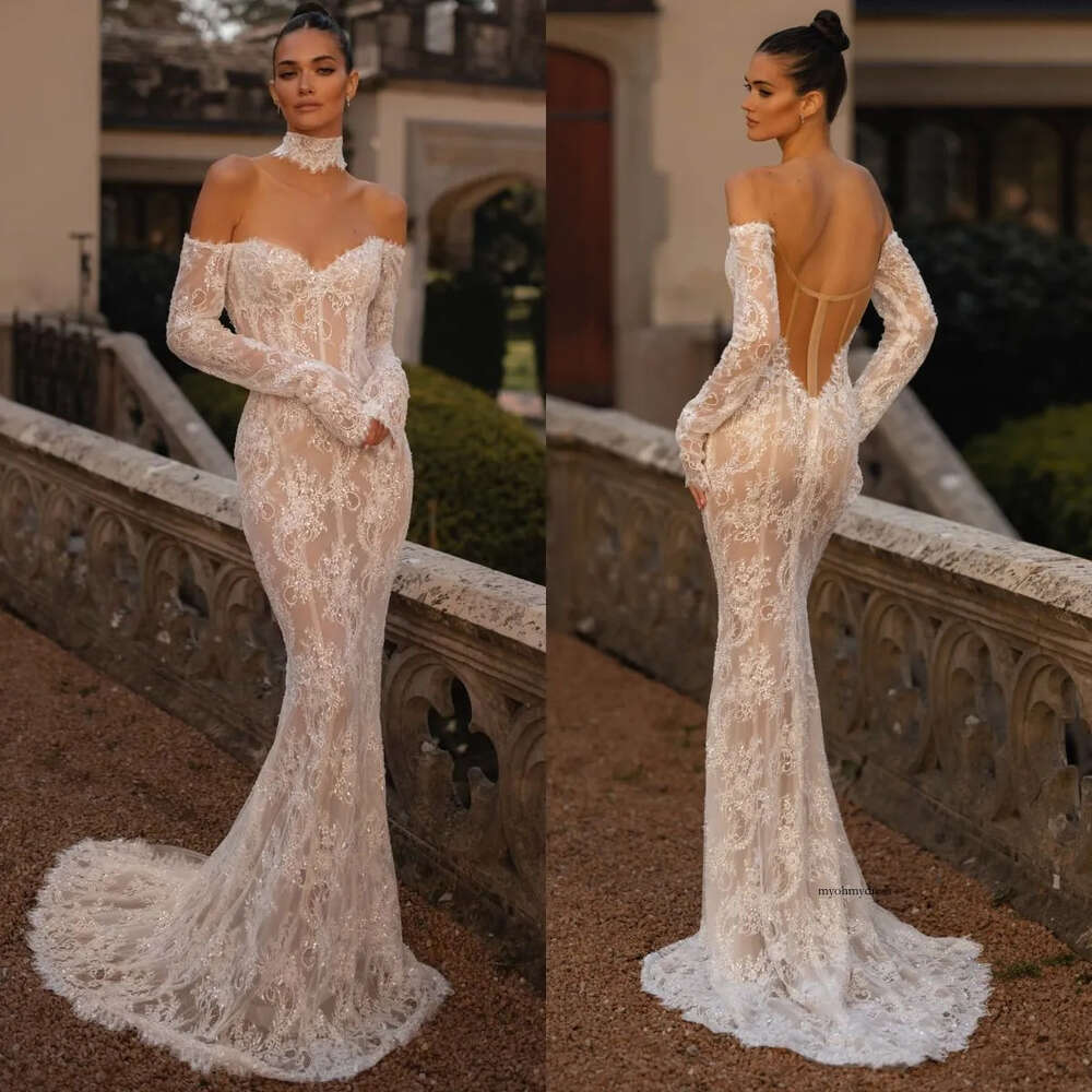 Berta Lace Mermaid Dresses Off Shoulder Sleeves Dress Sweep Train Illusion Back Wedding Bridal Gowns 0515