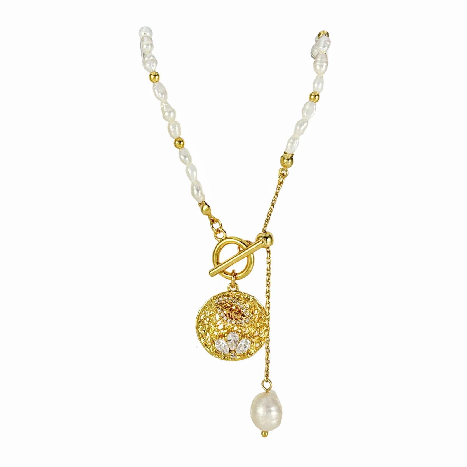 Pearl Necklace with Golden Pendant Freshwater Pearls and Zirconia Accents Locket for Women 240515