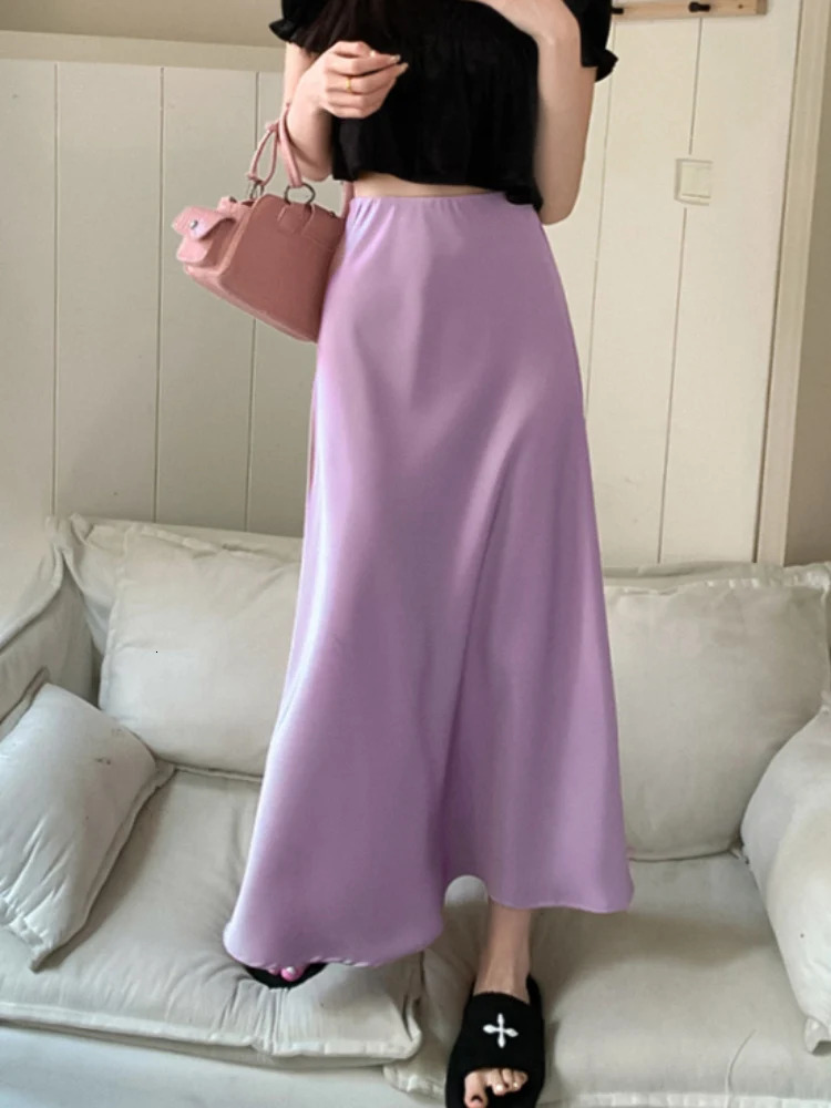 Elegant Womens Skirts High Waist Silk Satin Aline Skirt Lady Fashion Solid Color Purple Long Skirts for Women Fashion 240506