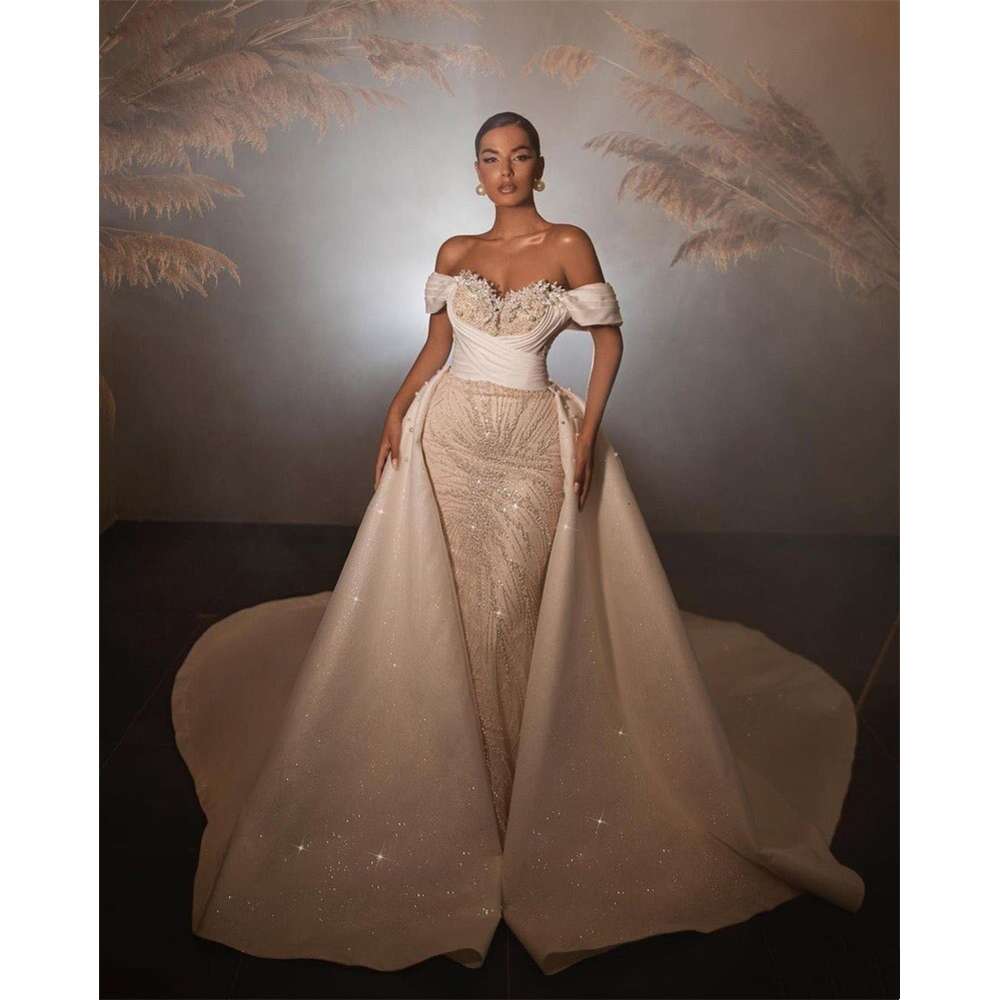 Beige Wedding Dress Pearls Appliqued Bridal Gown Detachable Train Custom Made Off Shoulder Robe Lace Up Back
