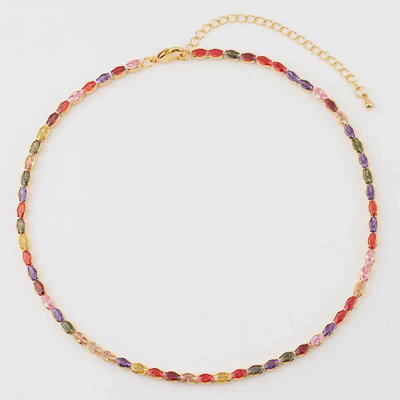 Tennis New Gold 1 Row Shining Colorful Neon Rainbow Ice Zircon Charm Thin CZ Tennis Chain 33+7CM Fashion Womens Necklace d240514