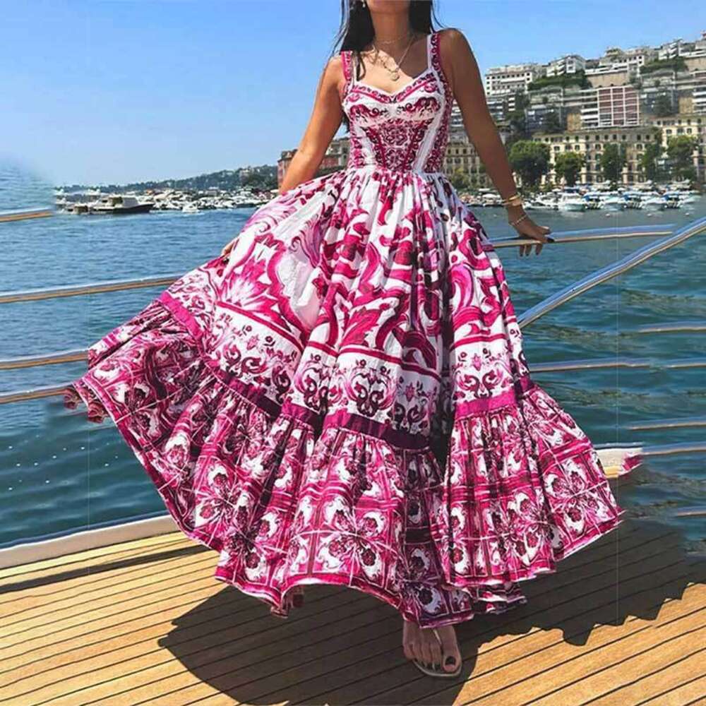 Designer Summer New Womens Bohemian Style Elegant Luxury Mid length Printed Strap Casual Dress