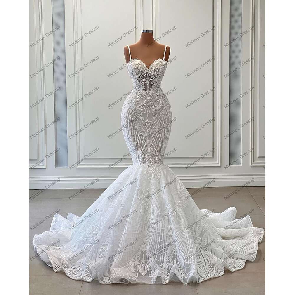 Image Real Beading Pearls Mermaid Dresses Pretty Spaghetti Strap Appliques Lace Long Bridal Dress Zipper Back Wedding Go