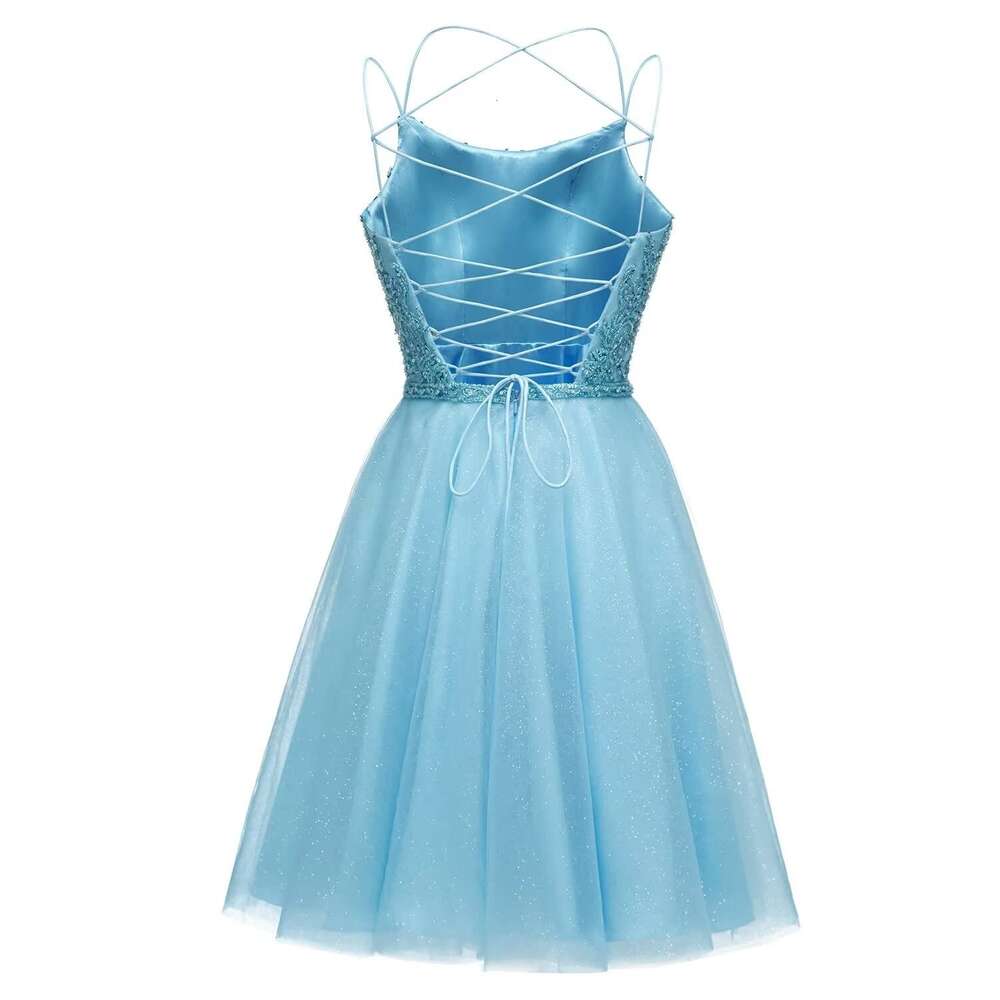 Sparkly Tulle A Line Homecoming Short Prom Dresses for Teens Spaghetti Straps Beads Mini tail Dress prom AMZ