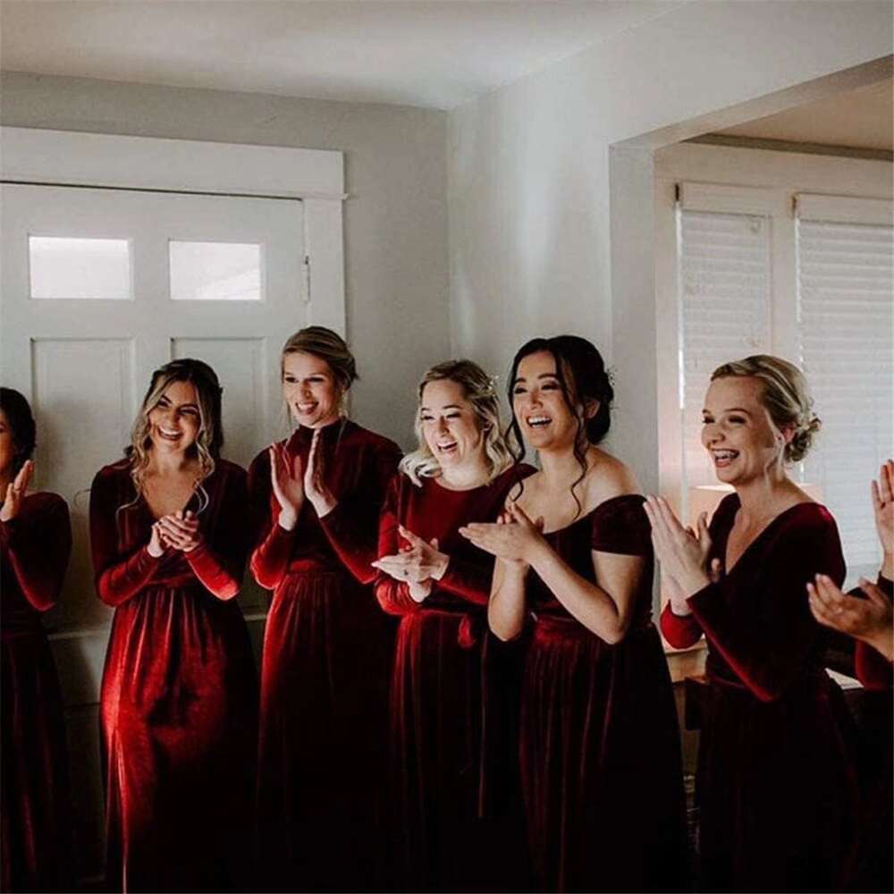 MARSEN Long Sleeve Veet Bridesmaid Dresses Maxi for Women V Neck Prom Dress with Slit Formal Evening Gowns prom AMZ