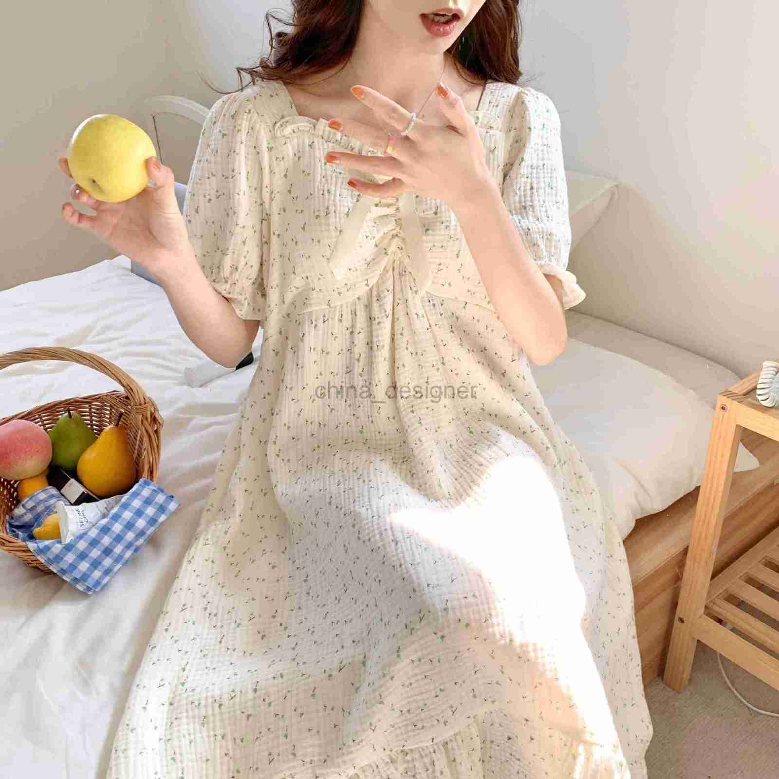 Women's summer pure cotton gauze short sleeved medium length dress with chest pad for sleeping, can be worn as a sweet maternity home outfit