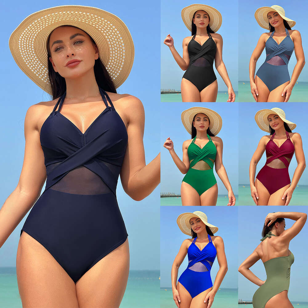 2024 New One Piece Women's Solid Color Mesh Swimsuit Bikini