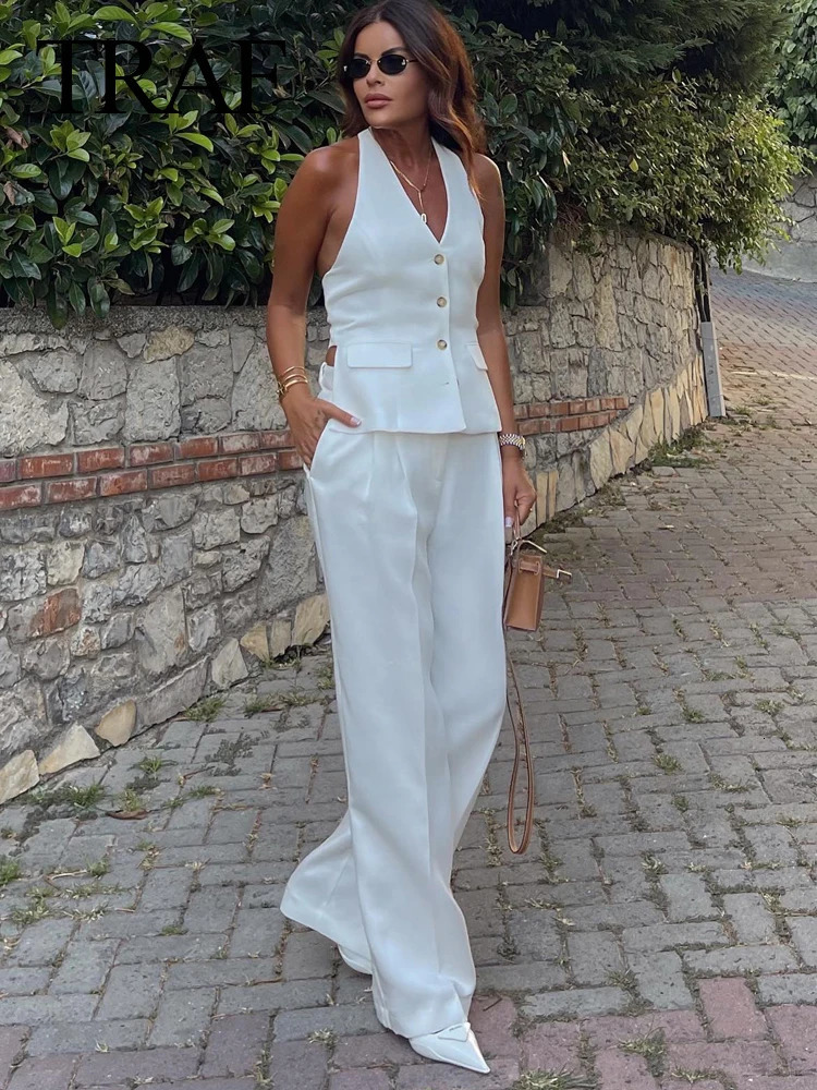 TRAF Fashion Women Solid Vest Pant Sets Vintage Backless Sleeveless Waistcoat High Waist Zipper Pockets Wide Leg Pant Suits 240507
