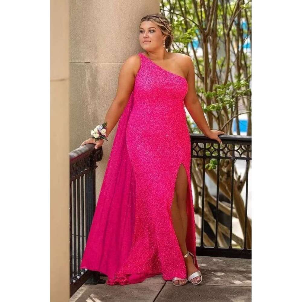 One Shoulder Sequin Prom Dresses with Cape Mermaid Evening Gowns Slit Backless Formal Dress prom AMZ