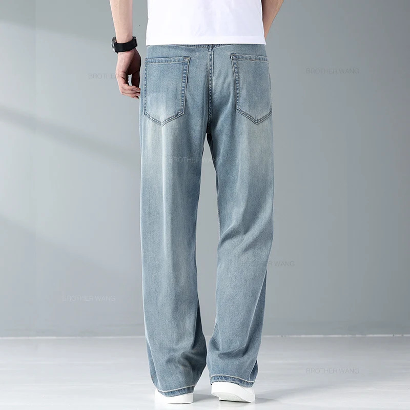Summer Ice Silk Thin Light Gray Jeans for Men Loose Wide Leg Plus Size Casual Trousers High Quality Stretch Soft Fabric Pants 240430