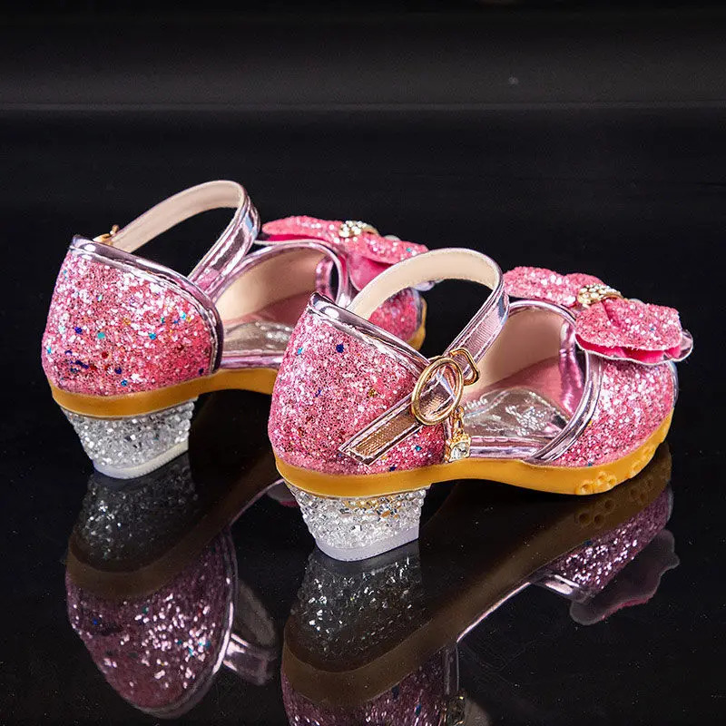 Girls Sandals Summer Childrens Princess Shoes Little Girls High-heeled Bow-knot Crystal Sandals Party Dress Wedding 240515